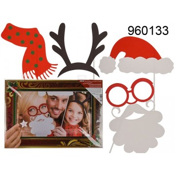  Accessori da party per foto su bastoncino con cornice, Natale, (sciarpa, corna di renna, cappellino natalizio, occhiali con ba
