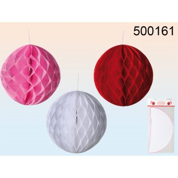 500161 - Palla decorativa con nastro adesivo bilaterale, da appendere, D: ca. 30 cm, (25 x rossa, 15 x bianca, 10 x color fuchs