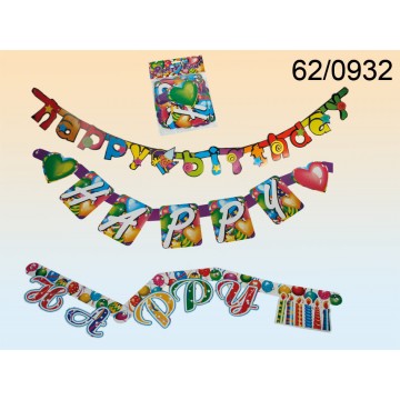 62/0932 - Ghirlanda, Happy Birthday, L: ca. 1,60 m, 3 ass., in sacchetto di plastica con header cardEAN 4029811261680