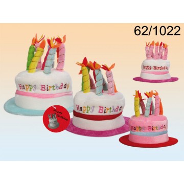 62/1022 - Cappello da compleanno in peluche con 8 candele & musica, Happy Birthday, ca. 30 x 23 cm, 4 ass.EAN 4029811183722