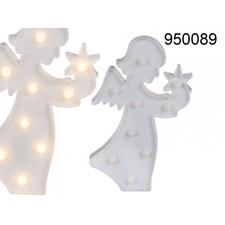950089 - Angelo bianco in plastica con 9 LED luce calda. ca 28 x 16 cm per 2 pile AA in box pvcMINIMO 12 PEZZIEAN 4029811384822