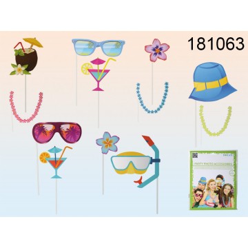 Accessori da party con bastoncino, spiaggia (occhiali, capello, collana, fiore, Cocktail , etc) set da 12 in sacchetto di plast