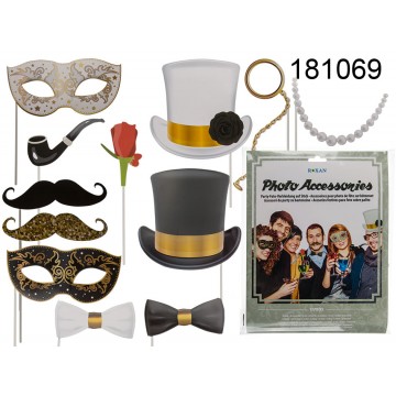 Accessori da party su bastoncino, Glamour (cappello, farfallino, collana, rosa etc.), set da 12 in sacchetto di plastica con he