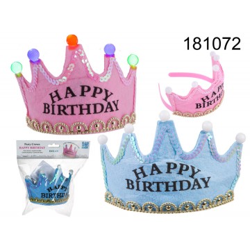 Corona da party con 5 led colorate, Happy Birthday, ca 16 x 9 cm, 2 colori ass., in sacchetto