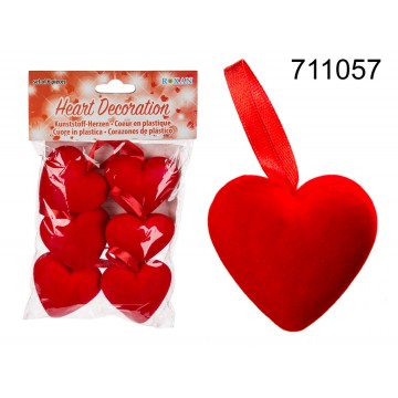 Cuori in plastica rossi, ca. 5 x 3 cm, da appendere, set da 6 in sacchetto di plastica con headercard (prezzo set)