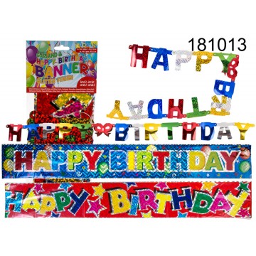 Ghirlanda in carta & Vessillo in plastica, Happy Birthday, metallic finish, ca. 1,45 m x 10 cm & 90 x 13 cm, 2 ass., set da 2 i