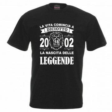 t-shirt nera uomo donna scritta 2002 18 anni nascita leggende leone compleanno