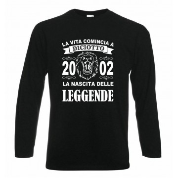 t-shirt manica lunga nera la vita comincia 18 anni 2002 leggende anno leone