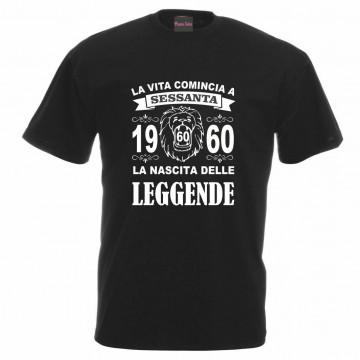 t-shirt nera uomo donna scritta 1960 60 anni nascita leggende leone compleanno
