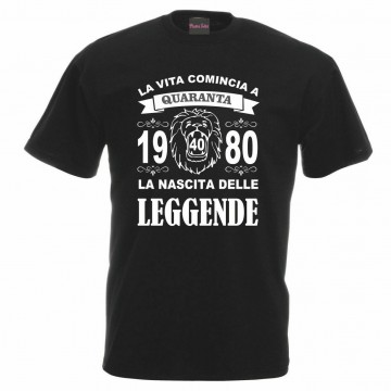 t-shirt nera uomo donna scritta 1980 40 anni nascita leggende leone compleanno