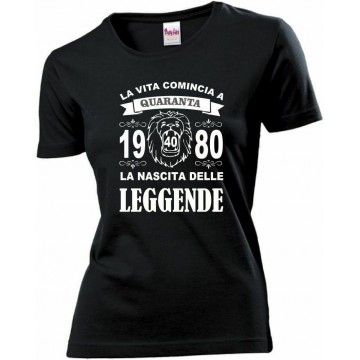 t-shirt maglia nera donna scritta 40 anni 1980 nascita leggende leone compleanno