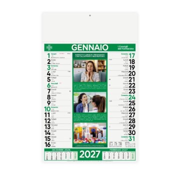 Calendario mensile 12 fogli in carta patinata 70 gr con testata termosaldata, festività internazionali e retro stampato