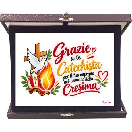 Targa con astuccio blu cm 23x19 con dedica grazie a te catechista