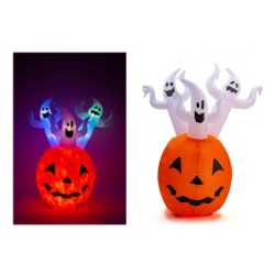 Grande decorazione gonfiabile a tema Halloween, si compone da una grande zucca luminosa dalla quale si ergono 3 fantasmi. Funzi